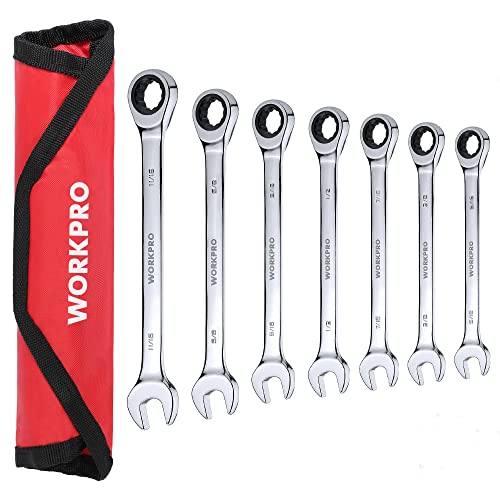 WORKPRO 7-Piece Ratcheting Combination Wrench Set, 72 Teeth, Cr-V Constructed, Combo Ratchet Wrenches Set with Roll Up Pouch, SAE 5/16"-11/16" - size: SAE