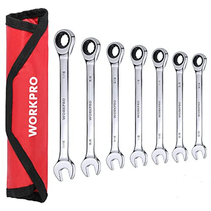 WORKPRO 7-Piece Ratcheting Combination Wrench Set, 72 Teeth, Cr-V Constructed, Combo Ratchet Wrenches Set with Roll Up Pouch, SAE 5/16"-11/16" - size: SAE