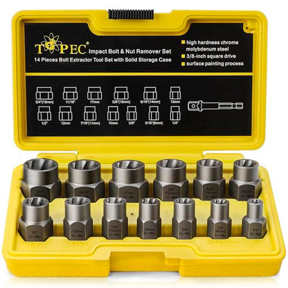 Topec 13+1 Piece Impact Bolt & Nut Remover Set, 3/8" Drive Bolt Extractor Socket Set, 8mm-19mm Stripped Lug Nut Remover, Twist Socket for Damaged, Rusted, Rounded Fasteners - color: 13-piece