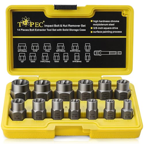 Topec 13+1 Piece Impact Bolt & Nut Remover Set, 3/8" Drive Bolt Extractor Socket Set, 8mm-19mm Stripped Lug Nut Remover, Twist Socket for Damaged, Rusted, Rounded Fasteners - color: 13-piece