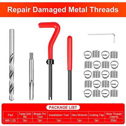 Thread Repair Kit M8X1.25mm, Metric Thread Repair Insert Kit ﻿ | with HSS Drill Bits, Rethreading Inserts Tool Set for Damaged Thread Repairing - size: Metric,M8×1.25mm