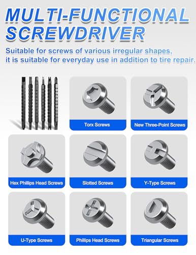 Tire Puncture Repair Kit with 60-Piece Nails, 13-in-1 Ratchet Screwdriver, Pliers and Storage Bag, Emergency Tire Repair Rubber Nail Kit for Cars, Trucks, Motorcycles