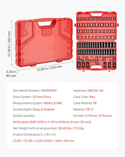 VEVOR 91-Piece 1/2" Drive Impact Socket Set, SAE (5/16" to 1-1/4") & Metric (8 to 32 mm), CR-V, Deep & Shallow, 6 Point, Ratchet Handle, Universal Joint, Adapters, Extension Bars (3, 5, 10 in) - style: 1/2" 91 PCS