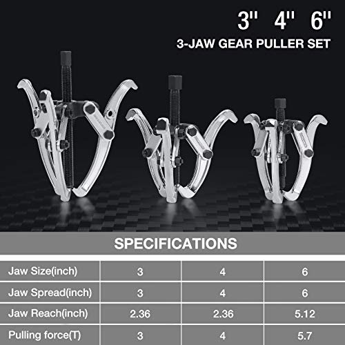 DURATECH 3-Piece 3-Jaw Gear Puller, 3", 4", 6", CR-V Steel | Black Phosphated, Non-Slip, for Narrow Spaces, Fully Assembled, Bearing Puller, for Gears, Pulleys, Bearings, Flywheels - size: 3", 4", 6"