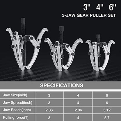 DURATECH 3-Piece 3-Jaw Gear Puller, 3", 4", 6", CR-V Steel | Black Phosphated, Non-Slip, for Narrow Spaces, Fully Assembled, Bearing Puller, for Gears, Pulleys, Bearings, Flywheels - size: 3", 4", 6"