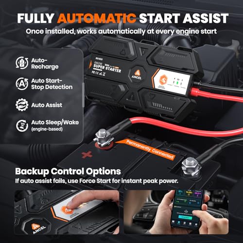 ANCEL BS400 Engine Super Starter - Permanently Connected Jump Starter with Super Capacitor, Proactive Car Battery Maintainer & Smart Monitor, -40℉~176℉ UltraSafe Battery Booster for 6.0L/6.0T Vehicles - color: Black