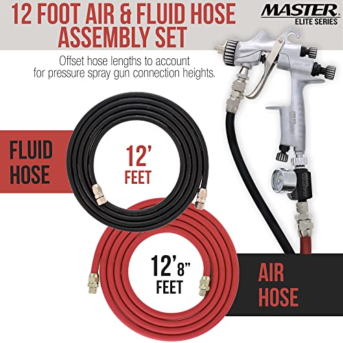 Master Elite Series 12 Foot Air and Fluid Hose Assembly Set with Fittings for Spray Guns, Paint Pressure Pot Tanks, Professional Heavy Duty - Air 3/8" NPS, 5/16" ID & Fluid Hose 1/4" NPS, 1/4" ID - size: 12-Foot Set