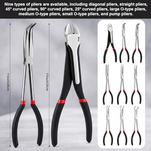 9 Piece 11 Inch Long Reach Pliers Set 45° 90° Bent, Circle, Diagonal Carbon Steel Needle Nose Pliers for Narrow Spaces and Limited Areas(Black) - color: Black