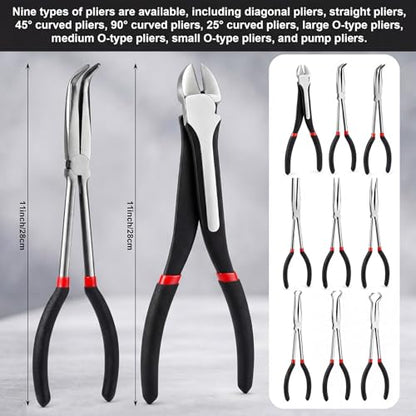 9 Piece 11 Inch Long Reach Pliers Set 45° 90° Bent, Circle, Diagonal Carbon Steel Needle Nose Pliers for Narrow Spaces and Limited Areas(Black) - color: Black