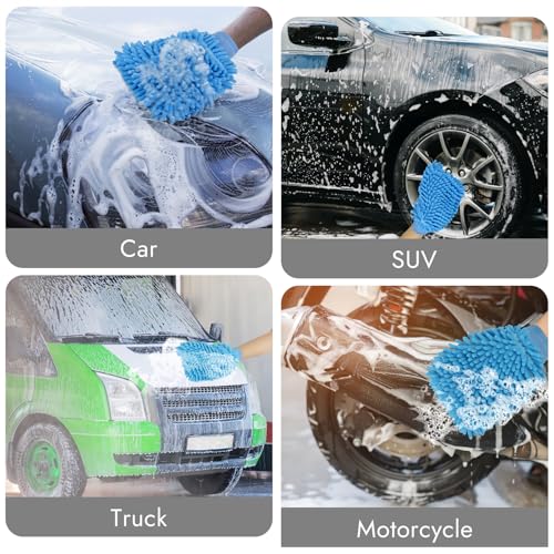 3 Pack Chenille Microfiber Car Wash Mitt, 7" x 9.6", Blue | Car Washing Mitts, Home Dusting Gloves, Scratch Free Lint-Free, Highly Absorbent, Double Sided, for Cleaning Detailing Polish - color: Blue