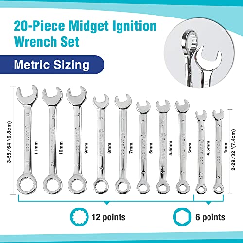 DURATECH Mini Wrench Set, Midget Combination Wrench Set, 20-Piece, Metric & SAE, 4-11mm & 5/32" - 7/16", Lightweight, with Rolling Pouch