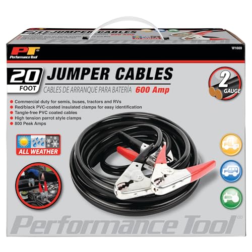 Performance Tool W1669 20' Commercial Duty 2-Gauge 800 PEAK AMP All Weather Jumper Cables for Tractors, Semis, Buses, and RVs - style: 2GA x 20' (800 AMP)