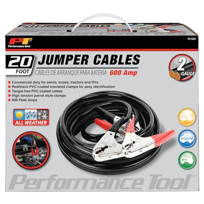 Performance Tool W1669 20' Commercial Duty 2-Gauge 800 PEAK AMP All Weather Jumper Cables for Tractors, Semis, Buses, and RVs - style: 2GA x 20' (800 AMP)