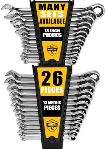Ratcheting Wrench - Slim Profile - Ratchet Wrench, 26 Pieces Metric & Standard Wrench Set with Rack Organiser