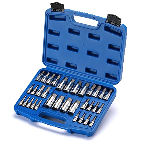 EMENTOL 33PCS Hex Bit Socket Set, 1/4", 3/8" and 1/2" Drive, SAE And Metric Allen Socket Bit, CR-V, S2 Steel, Master Hex Bit Socket Set, 5/64" - 3/4", 2mm - 19mm - size: 33PCS (SAE & Metric)