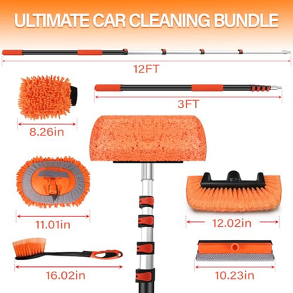 18 FT Reach Car Wash Brush with Long Handle, Car Cleaning Kit with 3-12FT Extension Pole, Soft Bristle Brush, Chenille Microfiber Cleaning Mop&Mitt, Window Squeegee, Wheel Brush for RV, Truck