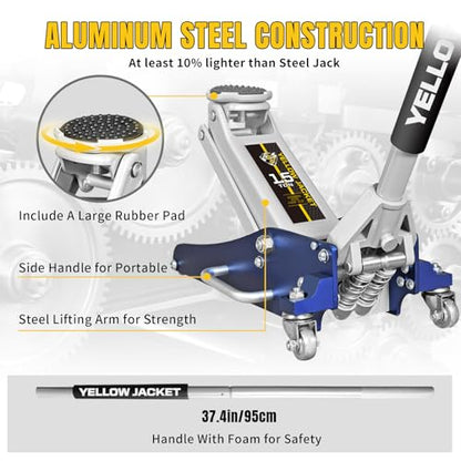 YELLOW JACKET 1.5 Ton Floor Jack Aluminum and Steel Lightweight Low Profile Car Jack 2 Ton Jack Stand with Double Locking and Large Foot Base