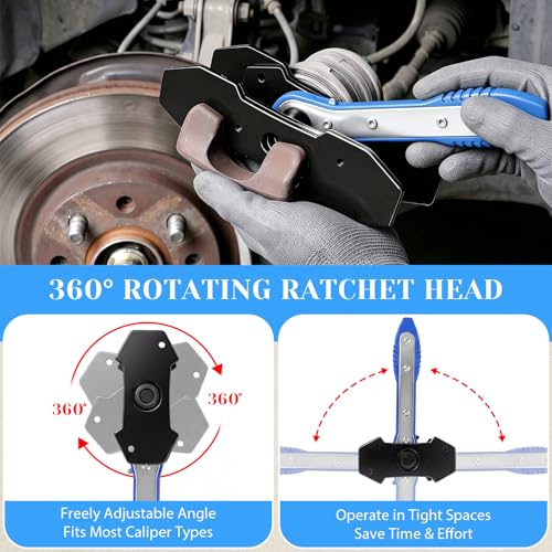 Ratcheting Brake Caliper Compression Tool 360° Swing Handle for Easy Piston | Brake Caliper Tool Set with Adapter Plates. Fast & Easy Piston Retraction for Car and Light Truck Brake Pad Replacement