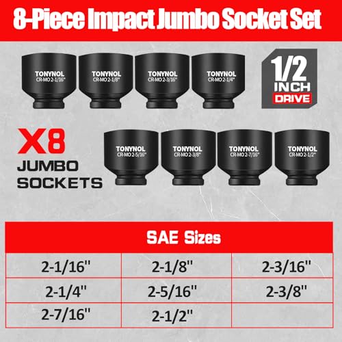 TONYNOL 1/2 Inch Drive Impact Jumbo Socket Set,6-Point,SAE(2-1/16" to 2-1/2"),8 Pcs,Cr-MO Steel,With a Storage Case - style: 1/2 Inch SAE(2-1/16" to 2-1/2"）