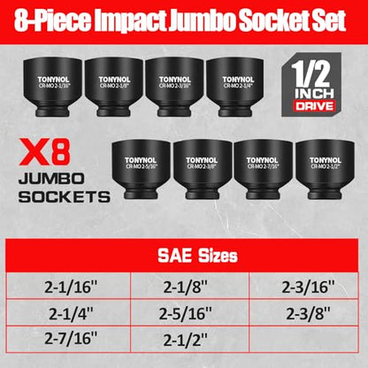 TONYNOL 1/2 Inch Drive Impact Jumbo Socket Set,6-Point,SAE(2-1/16" to 2-1/2"),8 Pcs,Cr-MO Steel,With a Storage Case - style: 1/2 Inch SAE(2-1/16" to 2-1/2"）