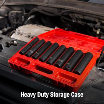 SUNEX TOOLS 2848, 1/2 Inch Drive Impact Socket Set, Extra Long Deep, 8-Piece, SAE, 1/2"-15/16", Cr-Mo Alloy Steel, Radius Corner Design, Dual Size Markings, Heavy Duty Storage Case