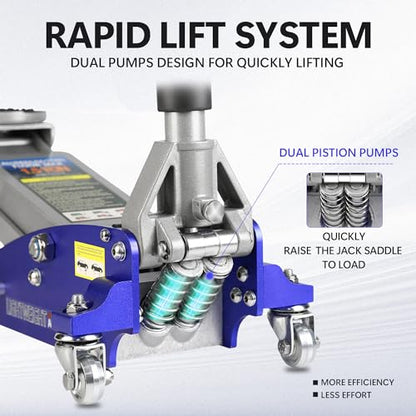 1.5T Low Profile Racing Jack, 3000 lb, Dual Pump, Aluminum and Steel, Blue | Lightweight aluminum/steel, dual-pump quick lift, 3.5"-14" range, side handle, safety overload. - size: 1.5T Aluminum & Steel Blue
