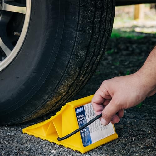 Camco Standard Wheel Chock w/Rope for Trailers - Heavy Duty RV Wheel Chock Constructed of Durable Plastic w/UV inhibitors - Features Rope Handle for Easy Removal - Use w/Tires Up to 26-in - 44472 - size: Standard w/ Rope