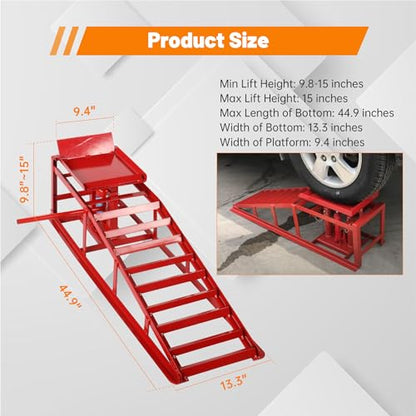 2 Pack 5T Low Profile Hydraulic Car Ramps, Red | Integrated Hydraulic Jack, Adjustable Lifting Height, High-Strength Steel, Ideal for Low Profile Vehicles, DIY Garage - size: 10000lbs/5T-Red