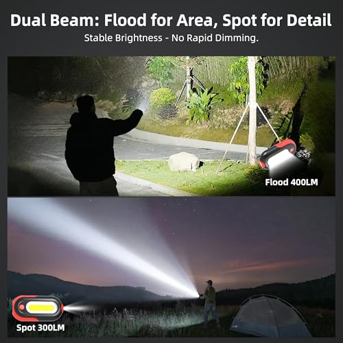 Magnetic Work Light Rechargeable, 400LM Mini LED Work Light with COB Dual Light Source, 5 Modes, USB-C Portable Flashlight with Magnets & Hook for Car Repair, Garage, Camping, Emergency (2 Pack)