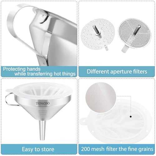 Toncoo 3 Pack Stainless Steel Funnels for Kitchen Use, Food Grade Cooking Funnel with 3 Strainer, Kitchen Funnel Set Metal Funnels for Filling Bottles