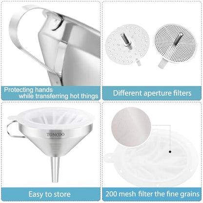 Toncoo 3 Pack Stainless Steel Funnels for Kitchen Use, Food Grade Cooking Funnel with 3 Strainer, Kitchen Funnel Set Metal Funnels for Filling Bottles
