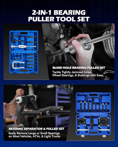 Orion Motor Tech Bearing Puller & Housing Removal Set, 30 pc. 2-in-1 Bearing Puller Tool Set for Wheel Bearing Bushing Axle, Blind Hole Bearing Puller & Bearing Separator Set with Slide Hammer Collets