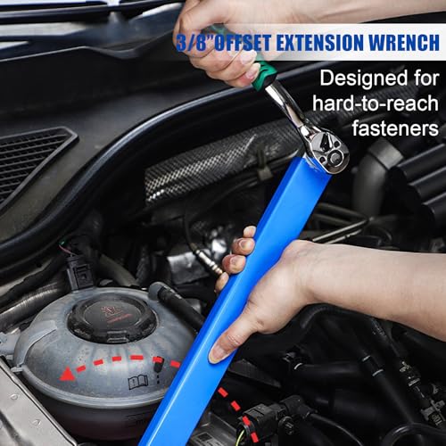 Impact-Ready Offset Extension Wrench Set, 15.4" Ratchet Extension Wrench with 1/2", 1/4" & 3/8" Square Drive Adapters, Universal Tight Space Wrench Extender for Small & Hard-to-Reach Areas