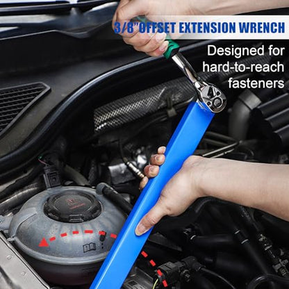 Impact-Ready Offset Extension Wrench Set, 15.4" Ratchet Extension Wrench with 1/2", 1/4" & 3/8" Square Drive Adapters, Universal Tight Space Wrench Extender for Small & Hard-to-Reach Areas