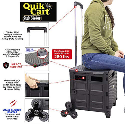 dbest products Quik Cart Elite Stair Climber Wheeled Rolling Crate Teacher Utility With seat Heavy Duty Collapsible Basket With Handle, Black - color: Black, style: Elite Stair Climber