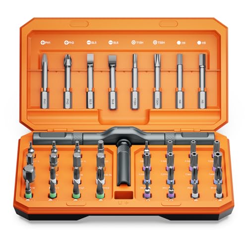 AMIR 42 in 1 Magnetic Screwdriver Set, Ratchet Screwdriver Set with Multi Bit, DIY Repair Tool Kit with Versatile T Handle for Furniture, Computer, Bicycle, Electronic Repair - color: Orange