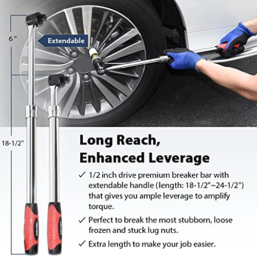 FIRSTINFO Taiwan 1/2" Drive Extendable Breaker Bar with Ratchet Adapter | 18-1/2" to 24-1/2" Length Extended Leverage with 230 Degrees Flexible Head, Premium CR-V, Heavy Duty, F32242D