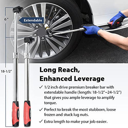 FIRSTINFO Taiwan 1/2" Drive Extendable Breaker Bar with Ratchet Adapter | 18-1/2" to 24-1/2" Length Extended Leverage with 230 Degrees Flexible Head, Premium CR-V, Heavy Duty, F32242D