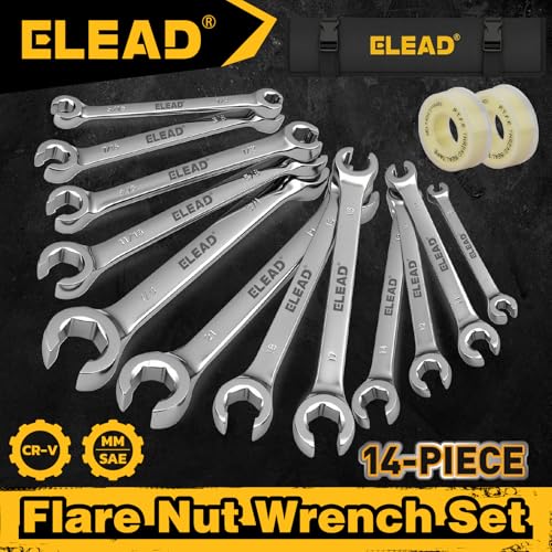 ELEAD 14-Piece Flare Nut Wrench Set with PTFE Tape, Metric & SAE 1/4"-7/8"& 6-21mm, Brake Line Wrench Set Double Open End with Organizer Pouch for Repairing and Removing Nuts - color: Silver