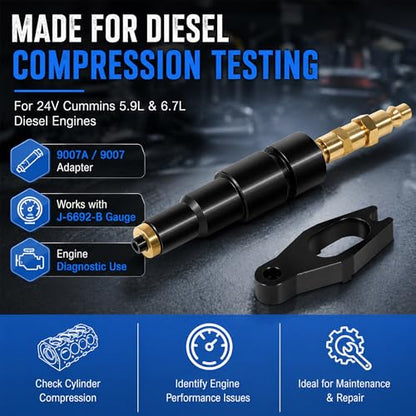 9007A 9007 Compression Test Adapter for 24V Cummins 1998.5-Current 5.9L 6.7L Diesel Engines, Works with J-6692-B Compression Test Gauge, Heavy Duty Diesel Compression Tester Adapter Tool