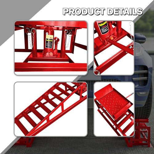 2 Pack Hydraulic Car Ramps 5 Ton 11000LB Capacity, Low Profile Vehicle Service Ramps with Hydraulic Jack, Heavy Duty Steel Car Lift Ramps for Truck Trailer Garage Maintenance (Red, 11.61" - 16.21") - color: Red