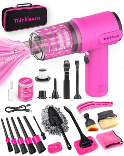 ThinkLearn 27pcs Car Cleaning Kit, 4-in-1 12000Pa Cordless Mini Handheld Vacuum Cleaner & Air Duster, Portable Pink Car Detailing Kit with Interior Accessories for Car, Home, Office, Gift for Women