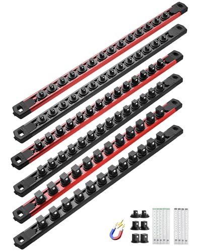 ALOANES Magnetic Socket Organizer Set, 6PC Heavy Duty Aluminum Socket Holder Organizer, 360° Swivel Clips Socket Holder Kit for Toolbox Drawer Fit 1/2, 3/8, 1/4-Inch x 80 Clips (Red&Black, 6PC) - color: Red&Black, size: 6PC, 1/2, 3/8, 1/4-Inch Drive
