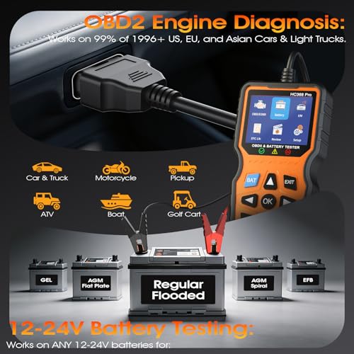 OBD2 Scanner with Battery Tester, 2-in-1 Design 1-Sec Read/Clear Check Engine Code Reader, 12V Car Battery Health & Charging System Analyzer, Universal Auto Diagnostic Tool for 1996+ Cars