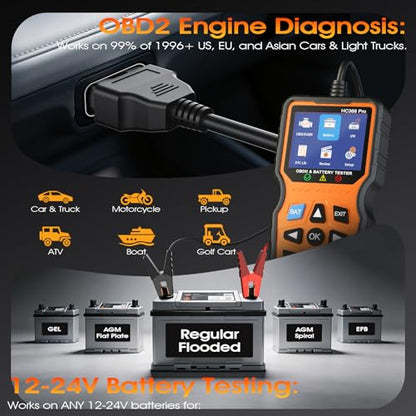 OBD2 Scanner with Battery Tester, 2-in-1 Design 1-Sec Read/Clear Check Engine Code Reader, 12V Car Battery Health & Charging System Analyzer, Universal Auto Diagnostic Tool for 1996+ Cars