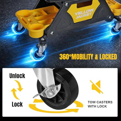 YELLOW JACKET Rolling Mechanic Seat with Drawer & Trays, 300lb, Garage Shop | Two tool trays & drawer for storage. Smooth casters, padded seat, 300 lb capacity. Great for auto repair, workshop & garage.