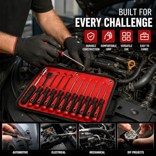 11-Piece Automotive Hook and Pick Set – Precision Pick Tool Kit with Magnetic Pickup Tool, Trim Remover & Storage Pouch for O-Rings, Seals, Hoses, Clips and Auto Repair