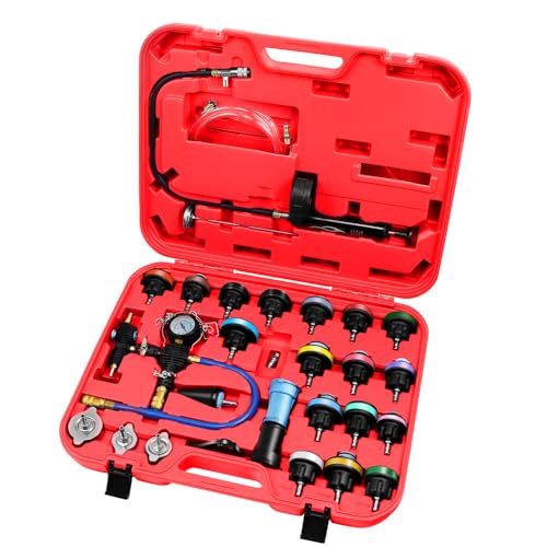 JIFETOR Radiator Pressure Leak Tester Coolant Vacuum Refill Tool 28PCS Kit | Universal Automotive Water Tank Leakage Test Detector & Cooling System Pneumatic Purge Coolant Change Set 21PCS Adapter Caps - color: Red Case
