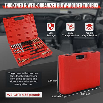 Thread Chaser Set 48PCS Thread Repair Tool Kit UNC/UNF/Metric Thread Chaser Rethreading Kit Anti-rust Thread Restorer Kit with 24 Dies, 22 Taps and 2 Thread Files with Detachable Cap, Tap And Die Set