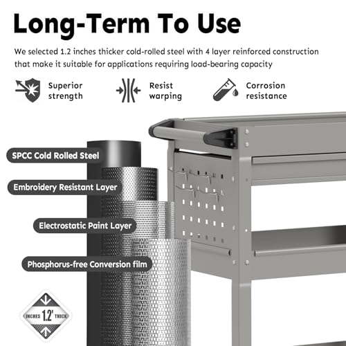 3-Tier Rolling Utility Cart, Metal Tool Cart on Wheels with Lockable-Gray | 330 lb. Load Capability Heavy Duty Tool Cart with Drawers, Mechanic Tool Cart for Garage, Warehouse, Repair Shop - color: Gray